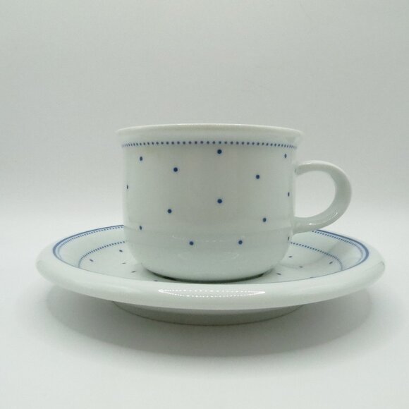 Arzberg Lagune Coffee Tea Mug Cup & Saucer Blue Dots White Stoneware Germany - Picture 1 of 8